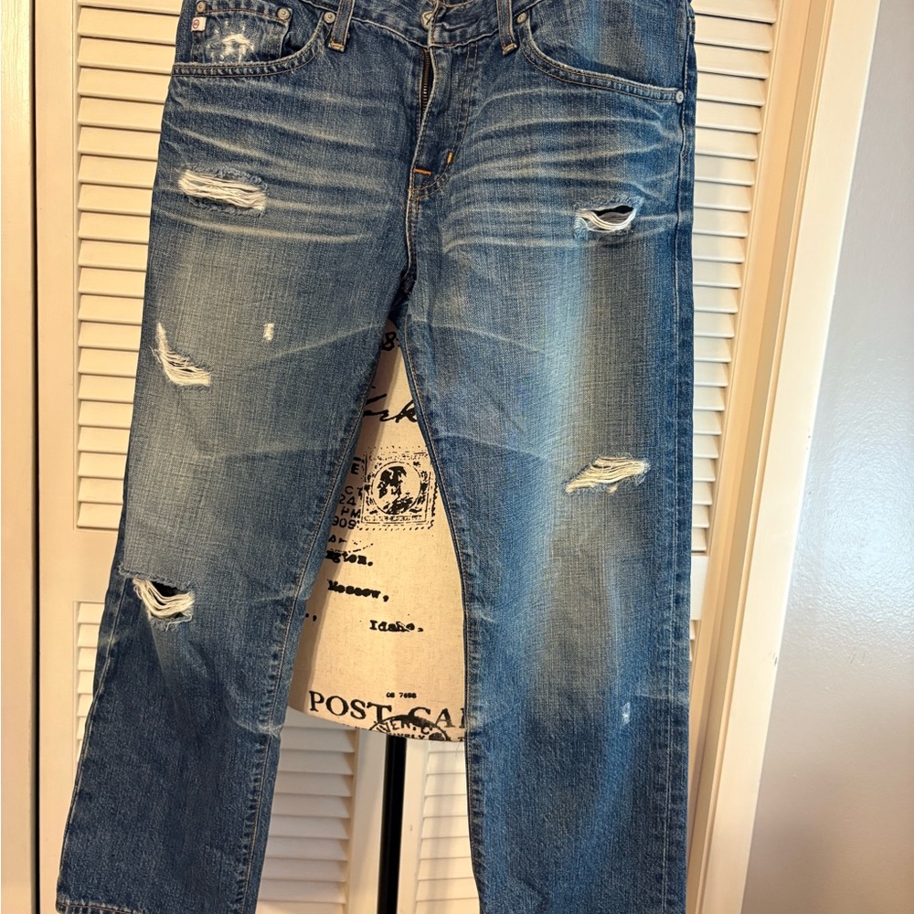 AG Adriano Goldschmied Women's Blue Distressed Boyfriend Jeans